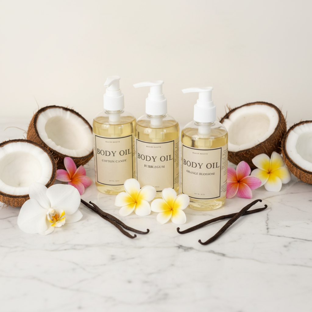 Body oil bottles with coconut and vanilla tropical flatlay