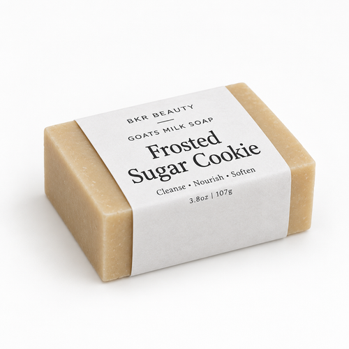 Short, wide Frosted Sugar Cookie soap with corrected wrap